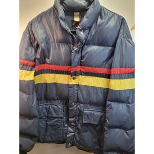 Vintage Aurora down Puffer Jacket Mens Red Yellow Stripe Padded Coat sz XL